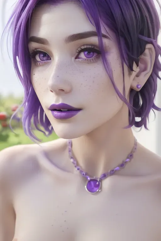 Professional Photoshoot of woman, 1woman, best resolution, ((((photorealistic)))), ((((ultrahigh resolution)))), romantic, NUDE, fierce, 8K, masterpiece, no flaws, accurate detailed face, POV, proper anatomical proportions, best quality, sensual, sexy, hard nipples, sharp focus, (((((Naked))))), topless, ((((Very Large, well defined Nipples))), accurate face, accurate hands, smooth skin, (((woman is short))), freckles, pretty, lovely face, ((((woman has short purple hair)))), woman has purple eyes, firm medium breasts, woman pretty with soft features, woman with lipstick and accent makeup around eyes, backyard, apple trees