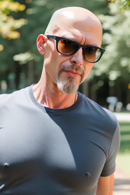 Professional photographer full color close up photograph of a, skinny caucasian man, bald, 50 years old, short goatee, bluejeans, tshirt, sunglasses, walking in park, correct anatomy,