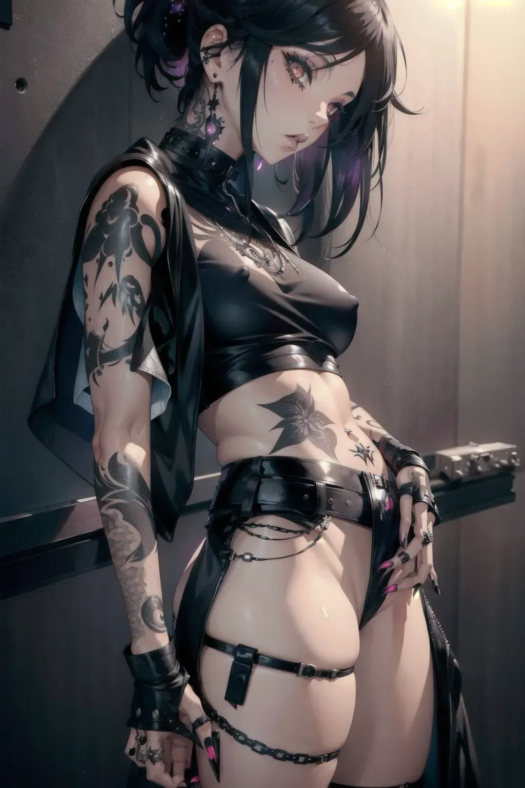 female, emo, goth, tattoos, nsfw, detailed, global lighting, ((masterpiece)), 8k wallpaper, high quality, highly detailed