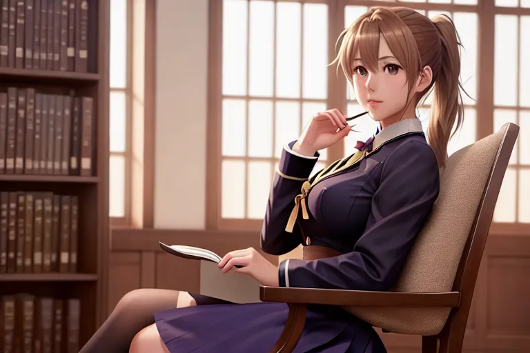 a concept art of,violet evergarden,wearing japanese high school uniform,sitting in a chair,at the library,big breasts,five fingers per hand,ponytail,beautiful face,beautiful lips,brown eyes,curved eyebrows,cosy,tattoo,cgsociety,ultra realistic,pixiv,surreal,bokeh