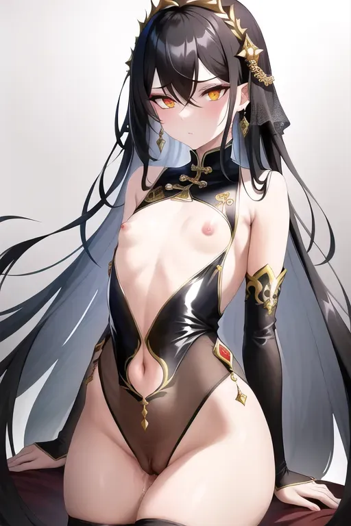 best quality, masterpiece, 1girl, 1boy, sex, nsfw, cumming, long black hair, flat chest, black see-through bodysuit, silver eye color, creampie, cold emotionless stare, thin thighs, emerald hair background color, gold accessories, chinese design, royal background, pussy juice, make-up,