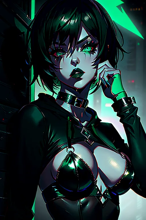 shadman style, shadman, masterpiece, best quality, goth, goth girl, emo, short hair, green hair choker, black stockings, hoodie, most beautiful face, medium breasts, perfect face, perfect mouth, perfect lips, perfect anatomy, perfect fingers, nsfw, dramatic lighting, night