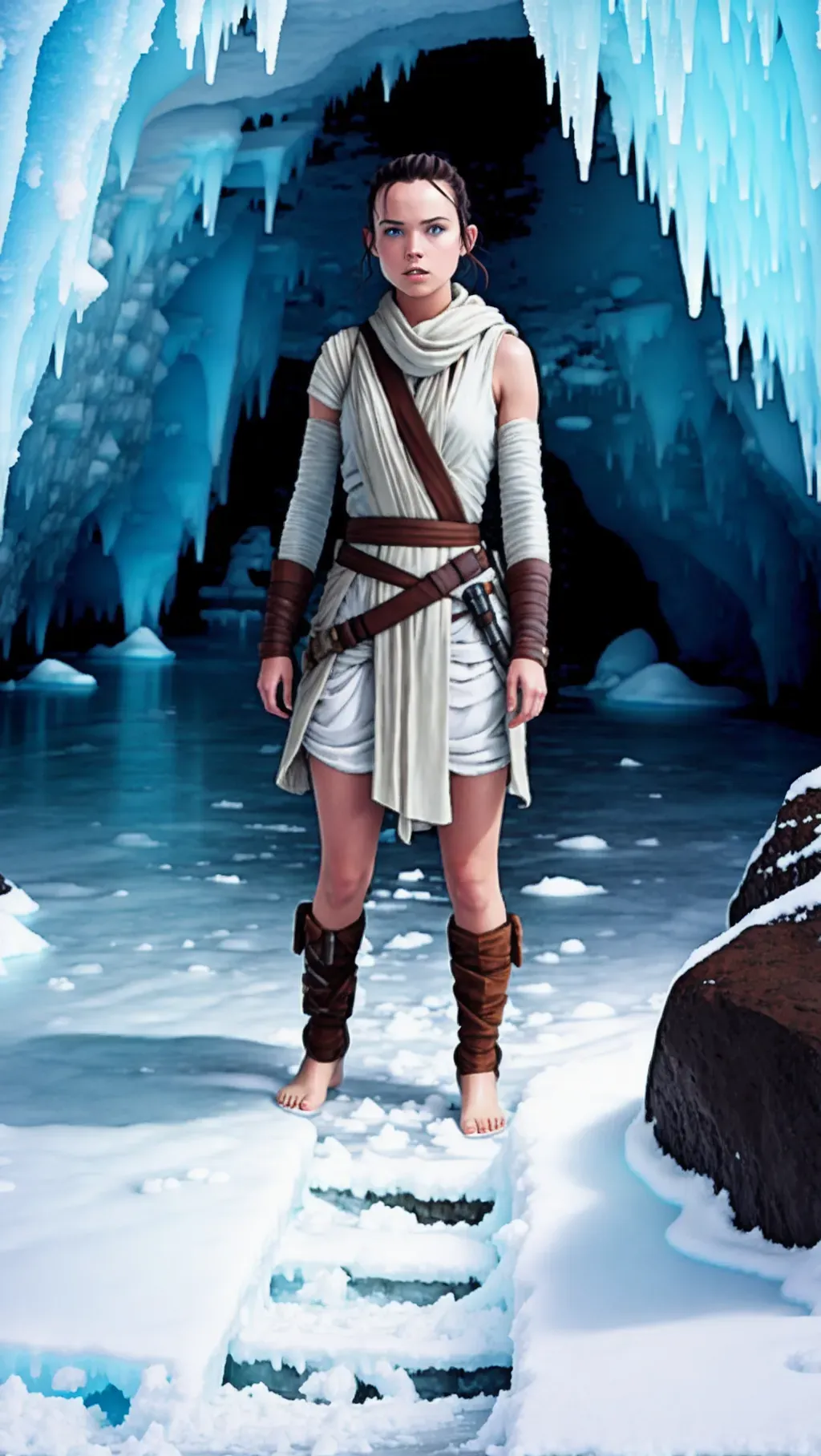 barefoot Rey Skywalker wearing her normal attire while exploring in the deep ice caves of Hoth with ice-covered bare feet sinking into the snow, barefoot, barefoot, barefoot, barefoot, star wars, barefoot, barefoot,