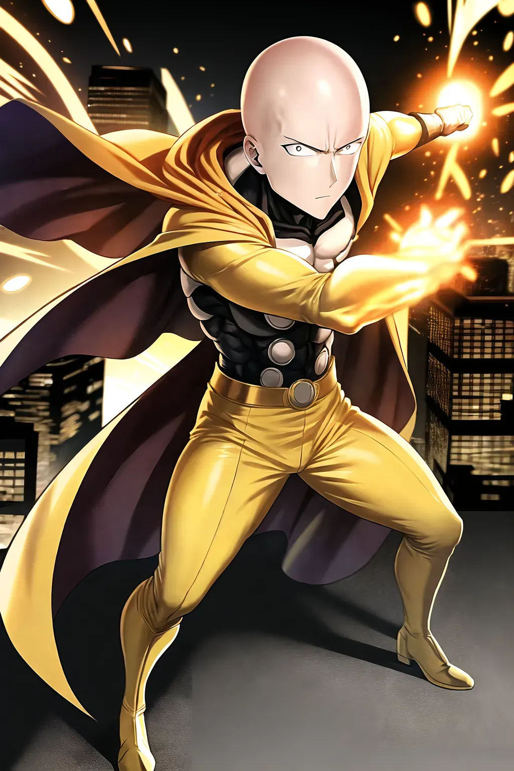 Dopamine Girl - One punch man, anime, bald head, 8k wallpaper, black eyes,  best quality, ultra hd, global lighting, hi-resolution, high quality,  yellow costume, white cape, red gloves, red boots, punching towards