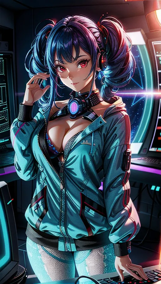 Best quality, high res, 1 adult woman, (potrait adult woman posing before a computer in a futuristic cyber room, cool expressive pose), (blue hair with twintails and neon headphone), unbuttoned soft fluffy pajamas, unbuttoned shirt, (correct human anatomy), ((extremely detailed face, extremely detailed red eyes:1.3)), (beautiful detailed lips:1.1), turning to look at viewer with smug expression, stunning dreamy atmosphere, beautiful colourful lighting, close up cinematic composition, vivid colours, soft artwork, (candid:1.3), (flat shading stylised art:1.15), <lora:dpmg_add_detail:1.05>, high rise futuristic apartment abstract night sky and galaxy space, (physically-based ray tracing, photon mapping, photorealistic:1.35), high quality masterpiece, 4k, HDR, UHD, high quality fingers, perfect arms, perfect hands, perfect fingers