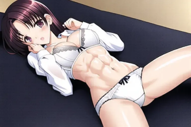 tiny breasts, bra is too large, petite frame, abs, white panties