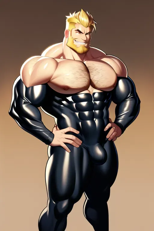 Male, thick, muscular, blonde hair, boots, smirking, big chest, wide chest, wide hips, big arms, big round butt, bearded, wearing catsuit