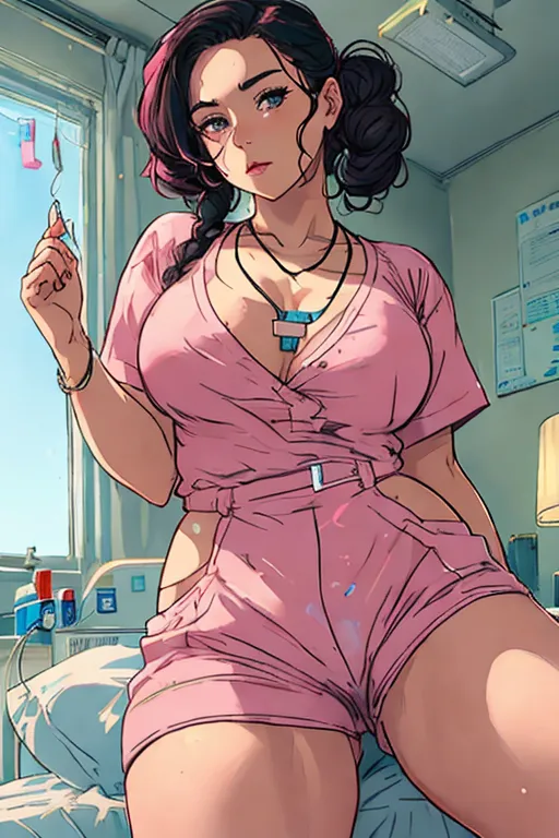 A thicc nurse, short brunette braided hair, Demi Lovato face, soft cheeks, necklace, small breasts, thicc build, hourglass figure, thicc ass, full thighs, pink scrub top, bottomless, scrub pants pulled down, aroused clit, aroused pussy, throbbing anus, ready for me to fuck her, in my hospital room, by my bedside, medicating me, comforting me, giving me a hand job, high definition, 4k quality, excellent lighting, great shading, pristine detail, very clear picture, accurate at lower promp guidence, five fingers per hand, ultra realism, POV. you are looking at her from your hospital bed.
