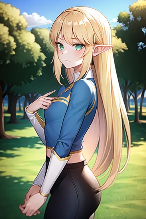 <lora:dpmg_princess_zelda:0.3>, 1girl, bangs, blonde hair, breasts, bridal gauntlets, closed mouth, expressionless, from side, green eyes, highres, jewelry, long hair, long sleeves, nintendo, outdoors, own hands together, pointy ears, ring, small breasts, solo, standing, the legend of zelda, tree, triforce print, upper body, blue shirt and black pants