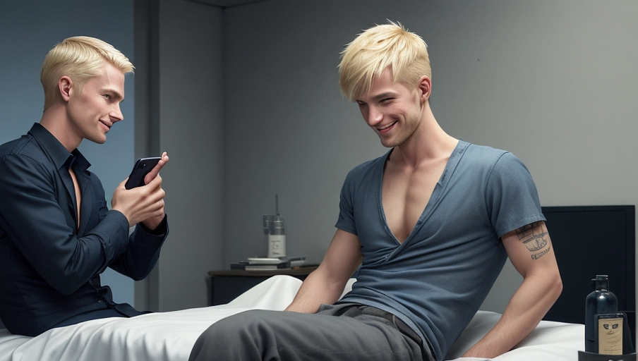 ((2 men)), a handsome thin but lean dirty-blond man in an apartment is talking to a dark haired inmate with a very short modern haircut in prison on the tv, an image of a handsome thirty something male with dirty blond hair and blue eyes who is sitting cross legged on a navy colored sectional dressed in the latest louis vuitton collection. He is having a video call on his big screen TV in a chic downtown apartment. The person on the TV is currently in jail and holding a phone up to his ear while he looks into a tiny screen on the wall. The handsome inmate on the tv has dark hair and dark eyes. He is 30 years old with short almost buzzed haircut. He is dressed in prison clothing. Both are smiling and happy.