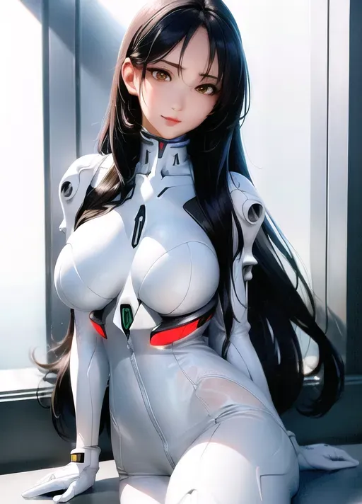 best quality, ultra high res, (photorealistic:1.4), 1girl, android, white plug suit, mech suit, evangelion suit, (large breasts:1.2), long black hair, yellow eyes, looking at viewer, full body, open forehead, wearing a g string, in a dark military hallway, <lora:dpmg_korean_doll:0.66>