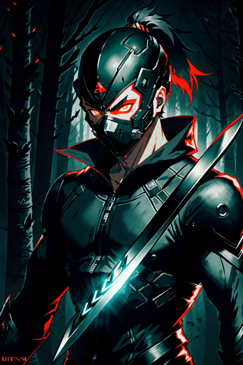 Ninja, full face mask, black, glowing orange accents, with a sword, male, 8k wallpaper, best quality, ultra hd, global lighting, hi-resolution, high quality, highly detailed, in a dark forest