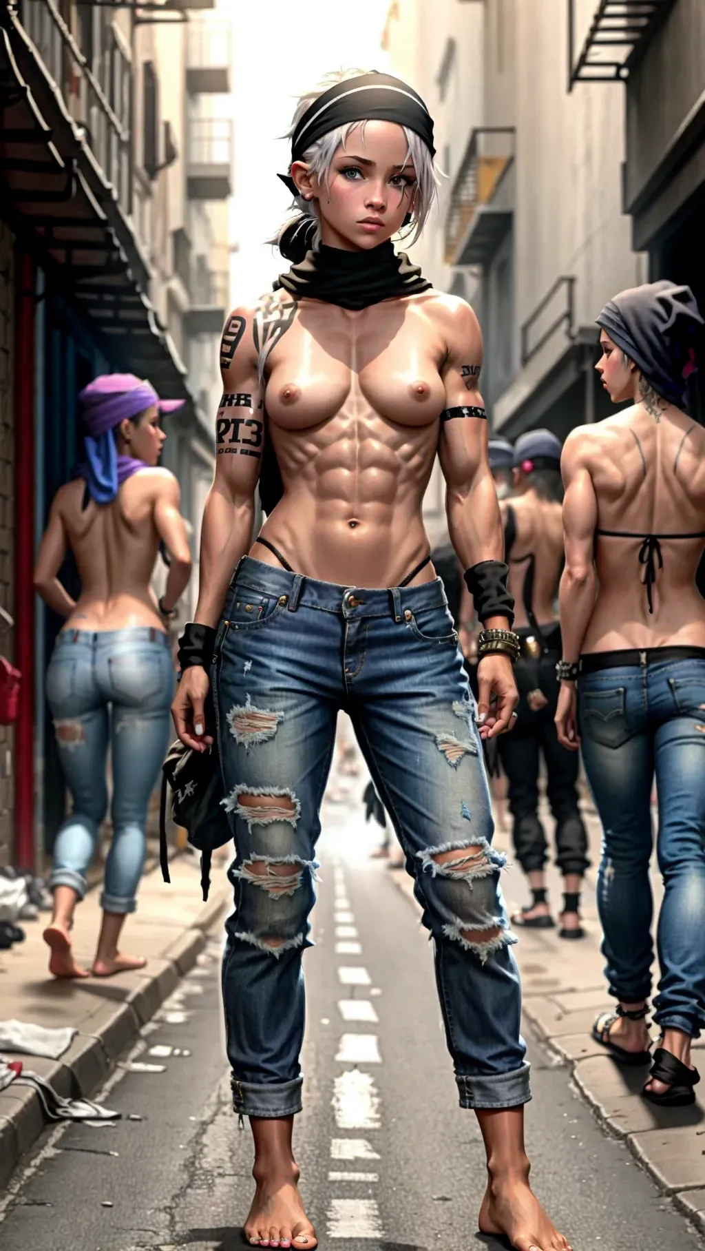 hot topless barefoot scrappy white-skinned street gang girl with black nipples and toned muscles wearing loose baggy jeans and wearing fingerless socks and toeless gloves with a small bandana on her head while standing with the rest of her gang in a dirty street alleyway, toes, toeless socks, barefoot, topless,