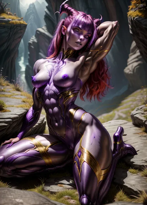 (Ultra realistic illustration:1.1), Fantasy setting, large daemon succubus, (Vicca from Andrew Blake movies aka Viktoria Kokorina:1.2) (purple skin:1.4), (red hair:1.2), small horns, large breasts with large erect nipples, long tail, toned body with abs, slender arms and legs, nude with metal harness, detailed pussy and purple pubic hair, sexy eyes, erotic pose, touching herself, flexing her muscles, very beautiful face,
rocky ground, steep cliff in the bacground, purple ligthning in the sky,
view from below, beautiful face, two arms, two hands, five fingers, detailed fingers,
<lora:dpmg_add_detail:1.4>, vivid colors, cinematic composition, artificial light, UHD, HDR, highest quality, highest resolution, (photorealism:1.2), (masterpiece:1.4)