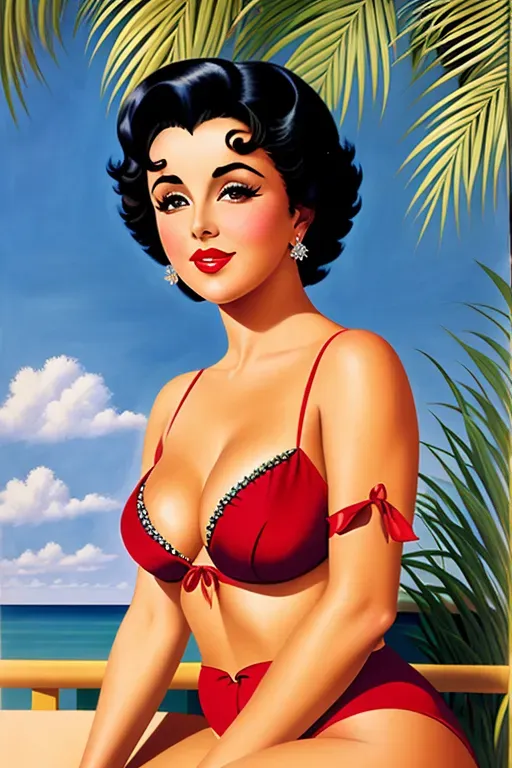 A full-length painting in the style of Alberto Vargas of a Young Elizabeth Taylor in sexy revealing clothing