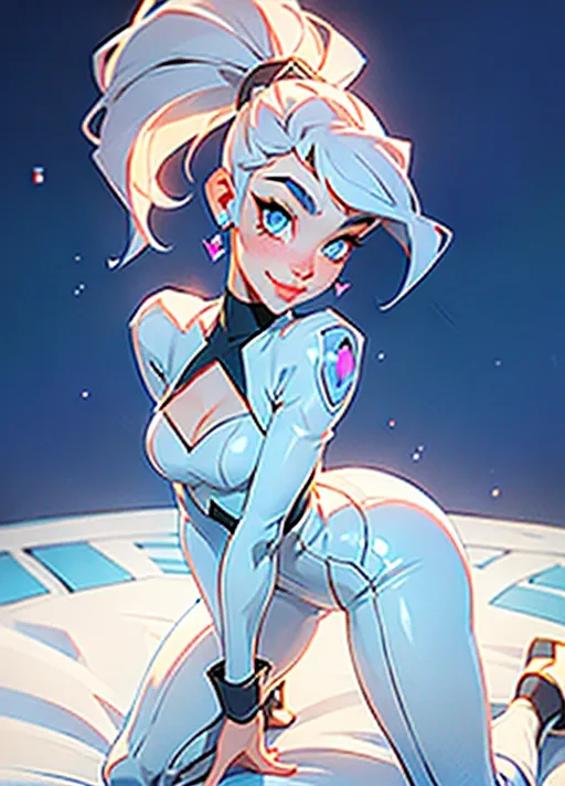a photo shot of an erotic scene, Highly detailed image, of a gorgeous young woman, very cute, (Judy Jetson), (outfit:1.4), dynamic scene, digital photo, space age clothes, perfect legs, realistic pose, wearing high heeled boots, Kneeling on large bed, in a Futuristic bedroom, (Medium breasts), showing cleavage, five slender fingers, Platinum blonde hair, gorgeous face, beautiful lips, blue eyes, curved eyebrows, curved eyelid, textured skin, highly detailed, bokeh, cgsociety, sharp focus, artstation, sharp focus, film style, nervous, (smiling), Ponytail, lora:dpmg_translucent_skin:1>