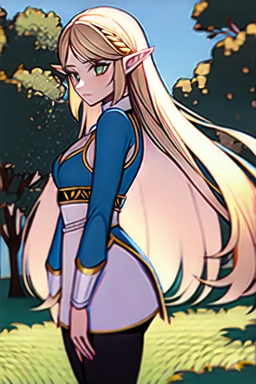 <lora:dpmg_princess_zelda:0.8>, 1girl, bangs, blonde hair, breasts, bridal gauntlets, closed mouth, expressionless, from side, green eyes, highres, jewelry, long hair, long sleeves, nintendo, outdoors, own hands together, pointy ears, ring, small breasts, solo, standing, the legend of zelda, tree, triforce print, upper body, blue shirt and black pants