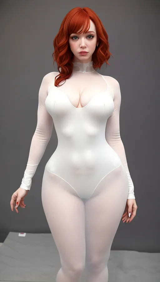 A photograph of Christina Hendricks standing up in a white, transparent, low cut unitard, with no underwear underneath