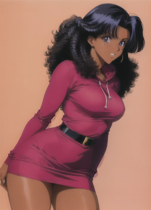 (((90s anime art style))),(masterpiece), absurdres, smooth, soft lines, soft edges, perfect edges, (soft lighting), (soft glow), perfect anatomy, detailed background, hair with great details, perfect eyes, perfect face, (looking at viewer),
lip gloss, smiling, ((flushed cheeks)), erotic, sensual,((office background)), hand on hip
((curly black hair)), ((puffy hair)), thick thighs, wide hips, small breasts, ((dark skin)), ((extremely dark skin color)), tall slim athletic build, athletic, hoodie, long skirt,