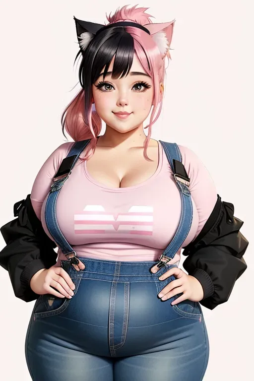 1girl, fat catgirl, smile, pink hair, bright blue eyes, short messy fringe, low ponytail, long black overalls, pastel pink tshirt, long sleeve tshirt, big breasts, obese, overweight, wide hips, thick waist, anime style