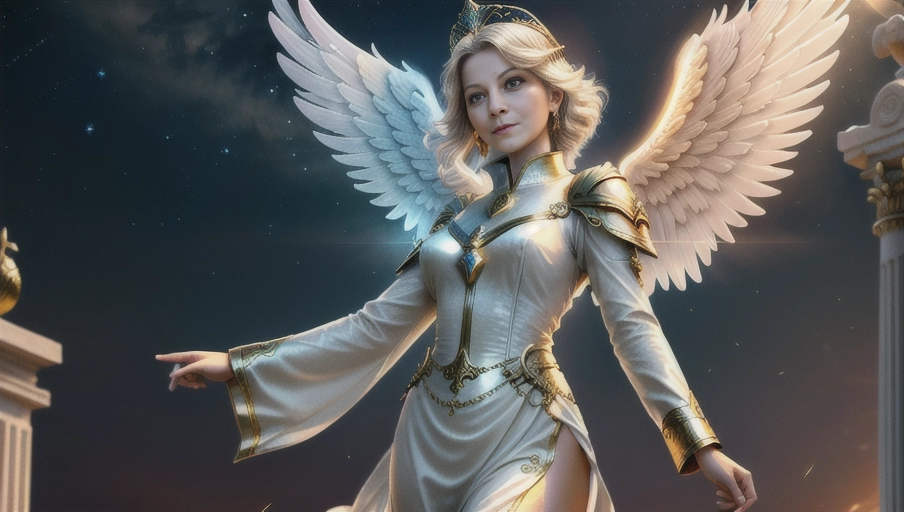a 64k high detailed photo of body shot of straight Female HDR Professional ((In clothing))) ((Has Attire)) Godly Ultra Detailed Best Quality Most Detailed ((Angel Wings)) Angelic Lighting Love Hope Magic casting Crown Smiling Queen happy Glory Warrior Angels Angelics Positivity Happiness ecstasy enraptured sweaty saving God Royalty Morality Goodness True Good Power Force Authority Ethical Saviour orgasm face Halo short Hair Always and Forever Sentimental in heat hot ultra hot best best lighting tantric Neutral Brilliant Logical Compassionate Perfect Perfection Exciting Integrity Winged Courage Purity Harmony Beauty mark on upper lip ((Female)) Ethereal Lighting Celestial Lighting (((With Clothes))) ((With God Item)) ((God Tech)) with items of power God Wings