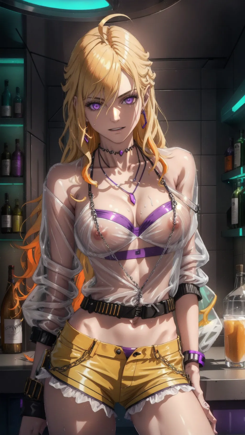 (Best quality, hyperrealistic semi-real), (portrait of naked woman in a futuristic cyberpunk alcohol cabinet and bar-counter and (see-through plastic outfit)), (wavy yellow-hair with orange tips and hair-between-eyes and ahoge), punk style naked in (transparent-jacket) with choker and (transparent-bra) and shorts, (jewellery and necklace and ear-studs),
(correct anatomy of a toned and muscular woman), (cute face and purple eyes turning to look at viewer with confident arrogant expression:1.08), beautiful thin lips smiling arrogantly showing teeth, (see-through naked nipples),
hyperrealistic skin glistening with sweat, (bright neon lights, rich with color and contrast),
soft focus, sharp and clear image, (physically based ray-tracing, photon mapping:1.15), <lora:dpmg_add_detail:0.25>, (high resolution masterpiece),
