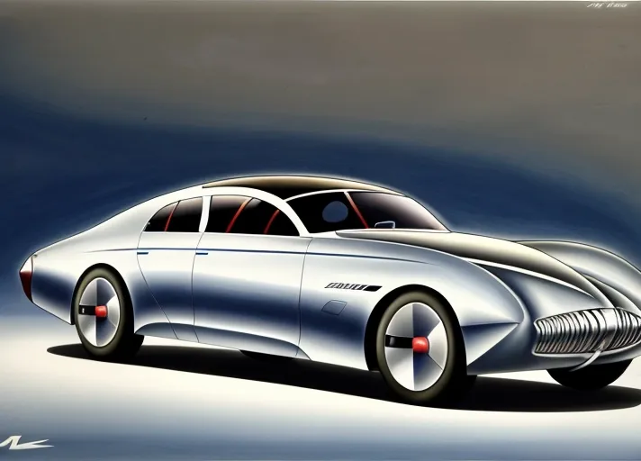 A rendering in airbrush, marker, and colored pencil, of the (full body view) of a sleek sedan concept car styled after cars of the 1940's