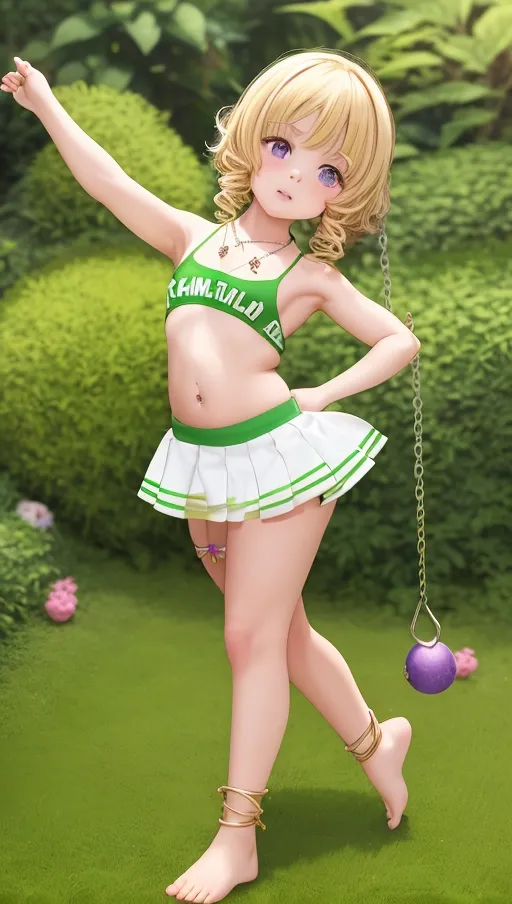 A young short loli halfling elf, wearing a field hockey uniform, perfect perky breasts, brazilian butt lift, curvy short and thick thighs, navel, pierced bellybutton with a jewel, curly neat blonde hair tied up, dainty small bare feet, cute necklace, walking in the overgrown garden