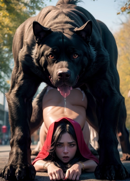 (photo realistic:1.4), (modern), 1 Red Riding Hood, sexy, ((small breasts:1.3)), ((human female has glistening skin:1.4)), (small areola), ((long hair)), (nyc public park setting), (surprised expression:1.3), (perfect beautiful face), (wearing anklets, sexy bare feet), (female on all fours), voluptuous, very sexy, toned calves, creampie,
(((1 dark dog beast mating with human female:1.5))), (((dark dog beast has four legs))), ((dark dog beast penis in female vagina)), ((dark dog beast penis is large and red, in correct location:1.2)), (female looking at viewer), hot sex, explicit sex, visible sex, <lora:dpmg_fucked_from_behind:1>, (best quality), low angle pov, <lora:dpmg_add_detail:0.5>, beautiful, (high resolution), (((masterpiece))), (uhd),
2500K,
(Photorealistic:1.0)
((Good-hands-5)),