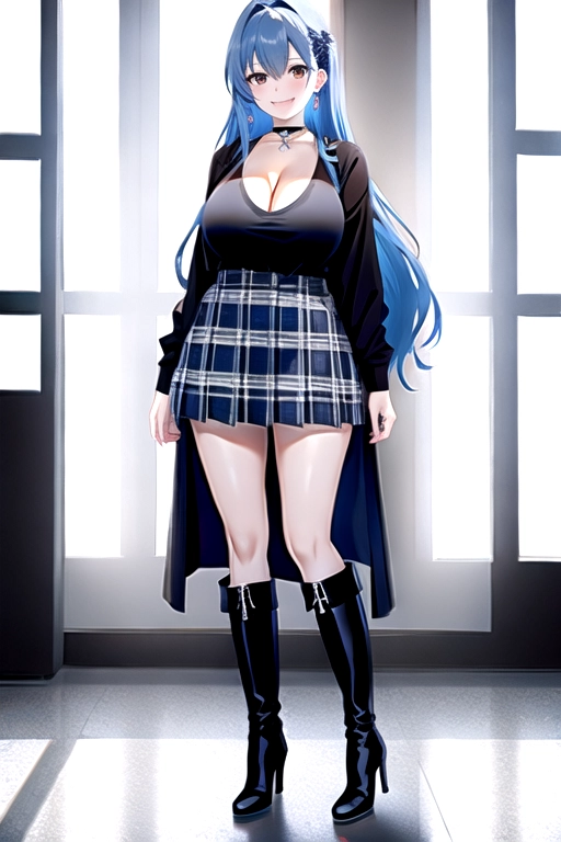 8k quality, brown eyes, pale white skin, blue hair, giant breasts, cleavage, looking at viewer, pov, long hair, wavy hair, full body photo, standing in room, smiling, black shirt, blue plaid miniskirt, high heels, knee high boots, choker