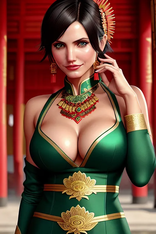 a illustration of,cameron diaz,wearing chinese costume,in a temple,amazing breasts,five fingers per hand,short thick hair,charming face,beautiful lips,green eyes,curved eyebrows,textured skin,satisfaction,tattoo,unreal engine,editorial,smooth,highly detailed,cgsociety