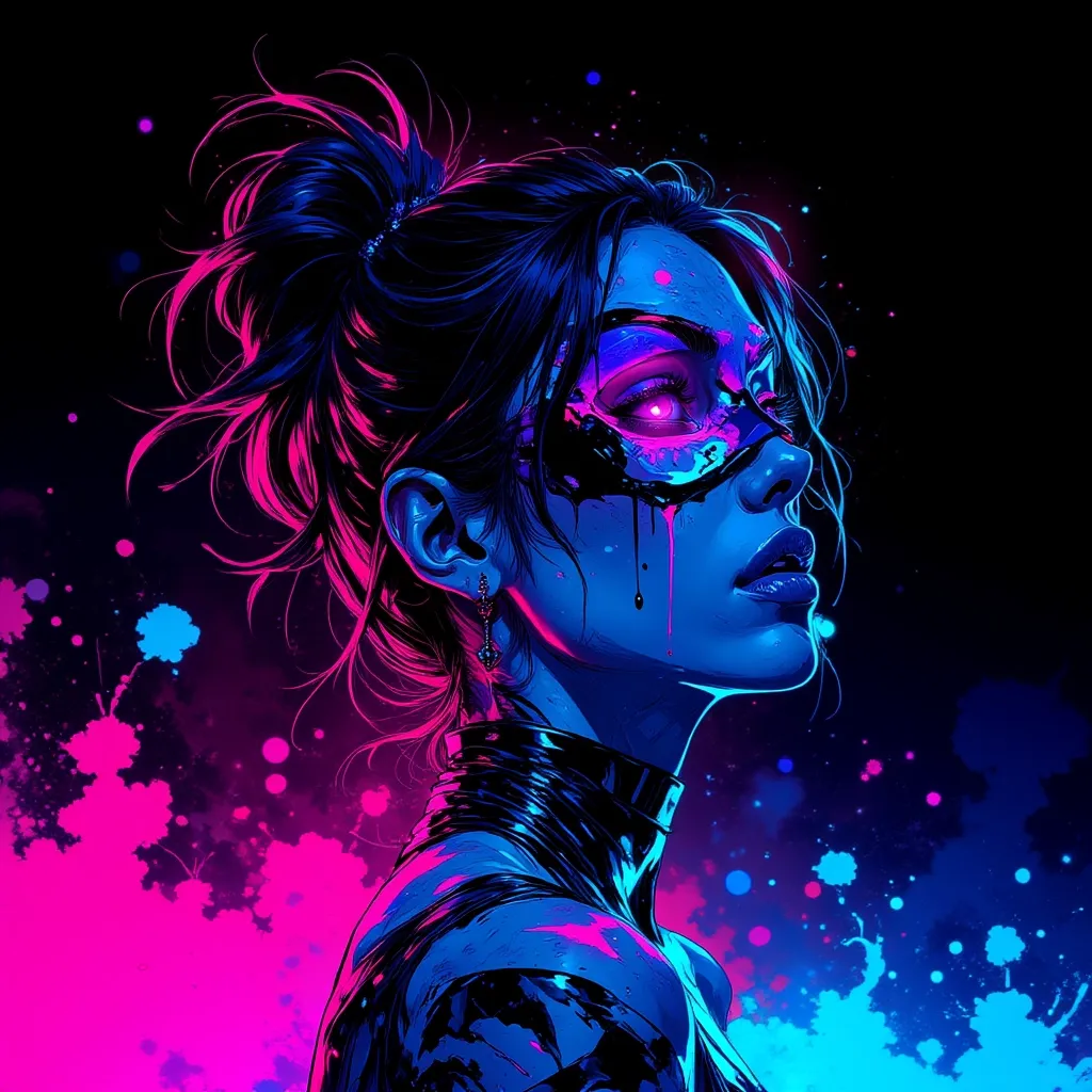 VibrantlySharp style,
animeniji,
3pic_vist4, In a contemporary Japanese ink + neon hybrid style, the camera is side-angled and tight, cutting off one eye and shoulder, angled steeply for intensity. A masked woman with glowing geometric tattoos and dripping violet paint beneath one exposed eye stares toward the light, lips slightly parted. Hair arcs upward as if pulled by static. The background is a minimalist dark gradient disrupted by ink splashes of hot pink and cobalt blue, drifting outward like falling flower petals.