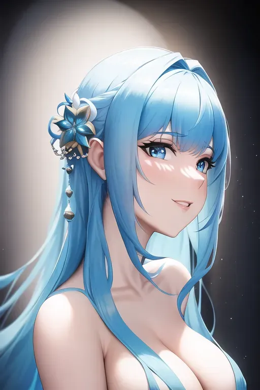 wide shot, 20 year old, a princess, insanely beautiful, naked, blue, photo studio, day time, studio light, happy, 8k, professional