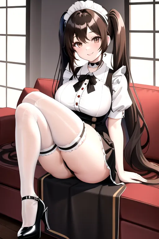 long hair, brown hair, brown eyes, black maid uniform, miniskirt, giant breasts, looking at viewer, in living room, high heels, pale skin, choker, pigtails, smiling