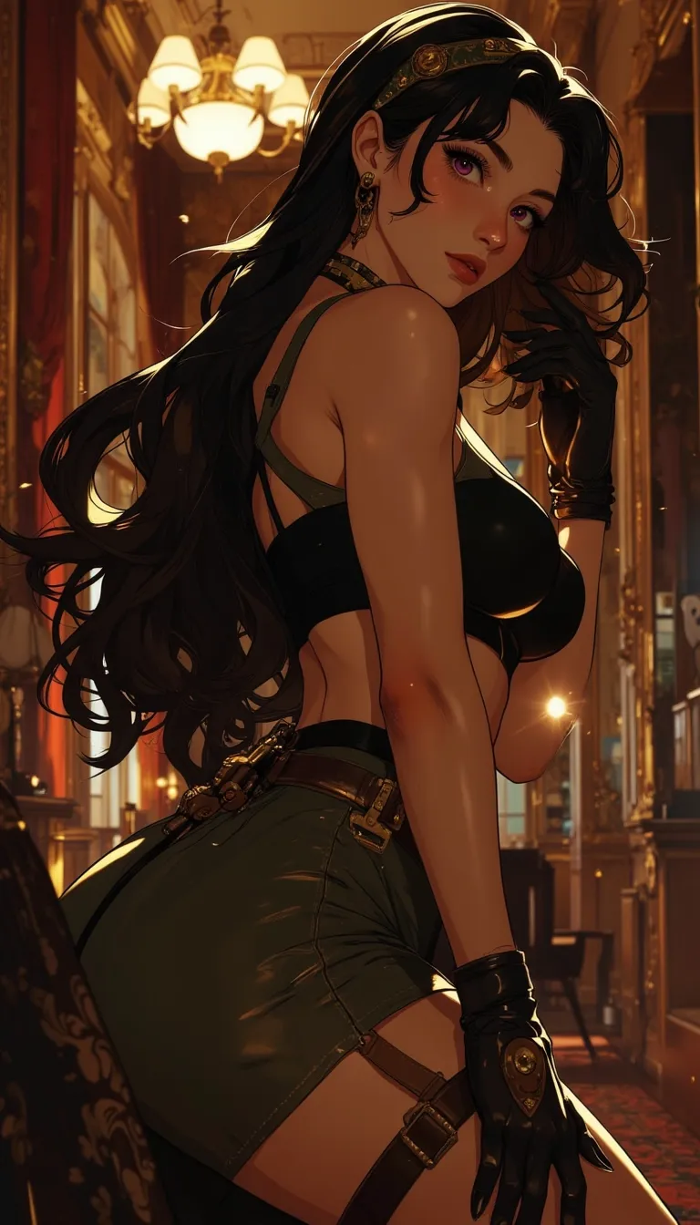 Anime style. 1boy, Serena, SerenaRH, very long straight black hair, brown eyes, gorgeous lips, dark lips, medium perky breasts, perfect body, large hips, fit body, thick thighs, 1g0r, Dutch angle, earrings, elegant, makeup, fancy party room, indoor, golden details, dramatic light, face closeup, parted lips, makeup, abs, solo, parted lips, shiny skin, sweat, brown hair, toned, brown eyes, big breasts, braid, muscular male, black hair, long hair, looking at viewer, indoors, easynegative, FMAB_Envy, 1boy, solo, long hair, black hair, purple eyes, slit pupils, headband, crop top, bare shoulders, midriff, gloves, fingerless gloves, skirt, side slit, bike shorts under skirt, bike shorts, toeless legwear, leg tattoo, 1femboy, on knees