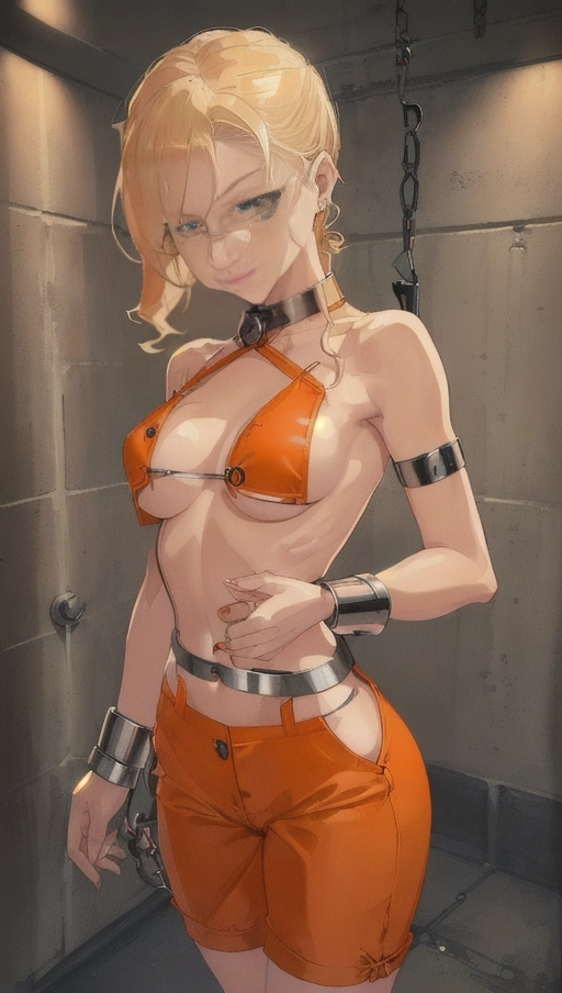 Gorgeous Blonde Female ((((model with very tiny breasts)))) posing in sexy ((prison death row two-piece orange outfit)), ((hands cuffed together in steel handcuffs)), pants and button down shirt, gorgeous, beautiful body, wavy hair, big thighs, ((((tiny y boobs)))), erotic