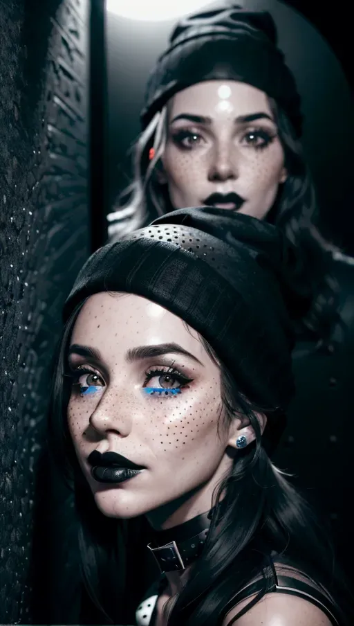 photorealistic, 8k, accurate face, detailed face, (((replicate inspiration face))), freckles, black lipstick, wearing black beanie, collar,
((glory hole)), from side, public bathroom,