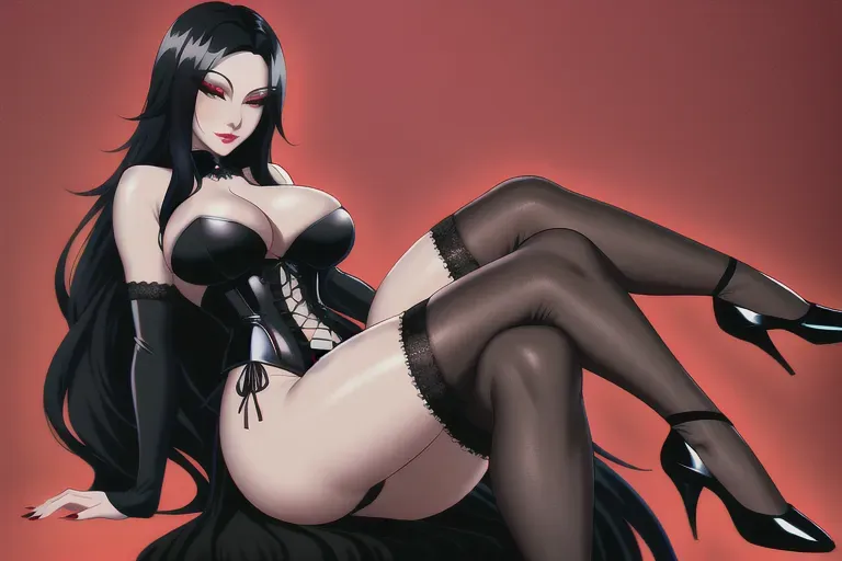 milf with black long hairs corset wearing stockings and showing her feets, anime digital art, pretty art, makeup, two legs, two arms, dark lips