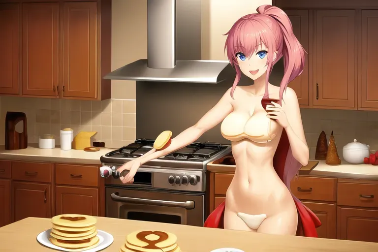 naked woman playing around with pancakes in the kitchen