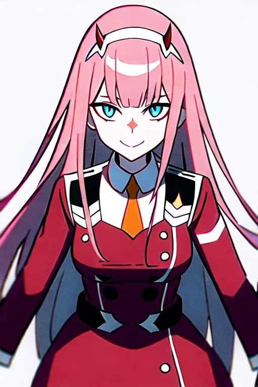 zero two (darling in the franxx), darling in the franxx, 1girl, aqua eyes, arms behind back, bangs, blunt bangs, breasts, closed mouth, cowboy shot, hairband, horns, leaning forward, long hair, looking at viewer, medium breasts, military, military uniform, necktie, oni horns, orange necktie, pink hair, red horns, smile, solo, standing, straight-on, uniform, white background, white hairband, <lora:dpmg_zerotwo:1>