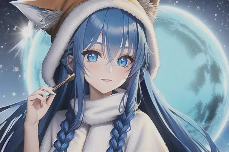 druid girl, human , (long blue hair), (deep blue colored eyes), (whiskers drawn on her chiks), (winter fantasy outfit), (with a little fox), ((no hat))