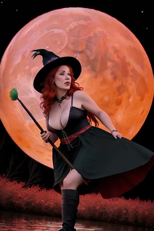 ultra realistic photo, (((big full red moon))) ,river, gilf:witch: redhead, dark green hat, (( raven)), high detailed face, dark mystic light, freckles in face, earrings, green eyes, ((full body view)), side ((view)), ((riding on broom))