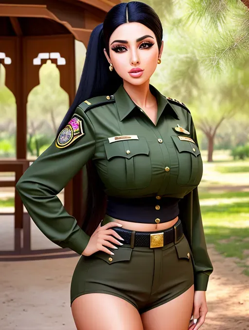 Gorgeous Arab woman, photo gorgeous attractive face, huge bimbo lips, enormous gigantic boobs, (gigantic boobs), black hair, ponytail, sexy, slim waist, olive-colored park ranger uniform, photorealistic, best quality, ultra high resolution