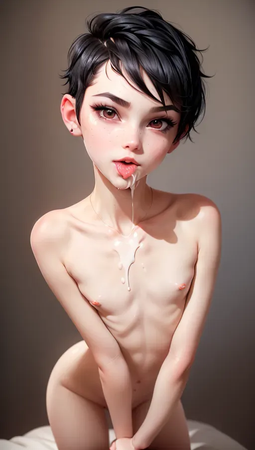 (Highly adorable super cute slender sex addicted extremely seductive white girl), nude, ((short butch black hair)), total sweetie, (((flat chest))), (dpmg_face_cum_v1, mouth open, cum in mouth), <lora:dpmg_add_detail:0.5>, ((masterpiece)), ((realistic)), <lora:dpmg_3d_rendering:0.5>