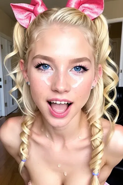 Kenzie Reeves, bleach blonde, close up on face, dpmg_face_cum_v1, cum on tongue, lots of semen on her face, pig tails, curly hair, kinky hair, frizzy hair, wild hair