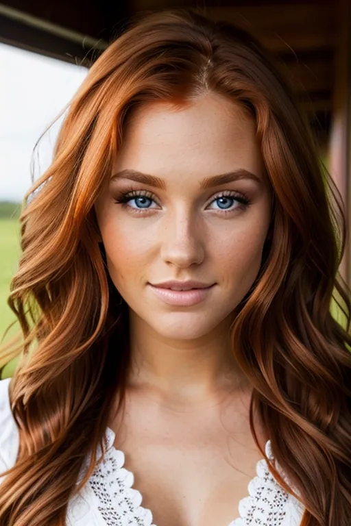 A cute gorgeous tanned stunning ginger Irish redhead (young teen) with long wavy hair, huge wide-set large round eyes, long eyelashes, cheekbones