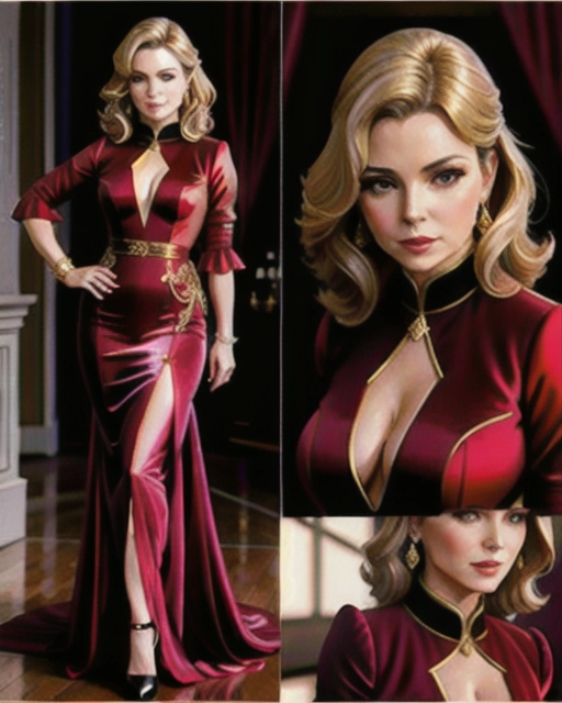 Mature, confident Kim Cattrall as an elegant aristocratic lady, in fantasy harem, wearing low-cut red velvet evening gown, accurate body, sharp focus, seductive pose, heavy breasts, deep cleavage, greying blond hair