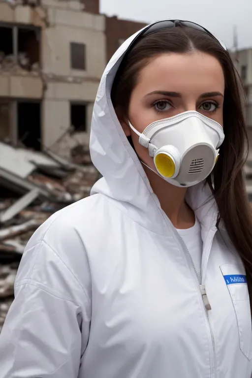 a high resolution 8K medium close up photo of, beautiful, masterpiece, ((realistic)), Pretty girl, wearing a white hazmat suit, gas mask, she has long dark brown hair and brown eyes, looking at me, full body photo, in a destroyed city, buildings destroyed, cars destroyed, facing me, looking at the camera