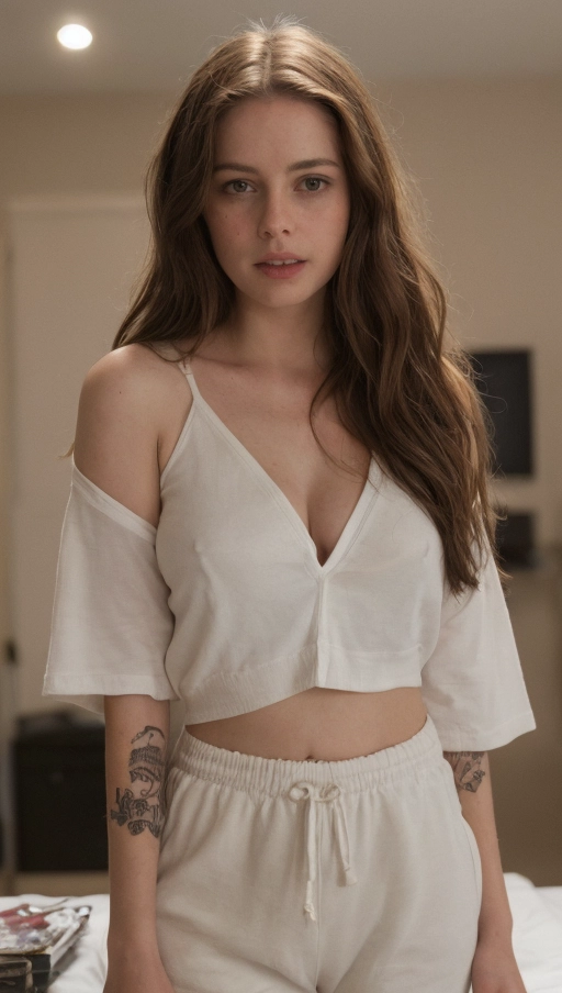 photograph of Gillian Jacobs, (seductive:1.2), (shy, cute, innocent, submissive:1.4), (full body:0), (smiling facial expression:1.1), (accurate face:1.4), (confident eyes:1.4), textured skin, goosebumps, freckles, (long flowing brown hair:1.4), (loose deep V white shirt:1.3), (sweatpants:1.3), (big breasts:1.2), (cleavage:0), (standing:1.2), in office, (tattoos:1.3), (eyeliner:1.1), (lipstick:1.1), looking at viewer, (beautiful detailed eyes:1.2), (accurate mouth:0), (high angle:1.1), Porta 160 color, ARRI ALEXA 65, bokeh, sharp focus, masterpiece, best quality, 8k, highly detailed