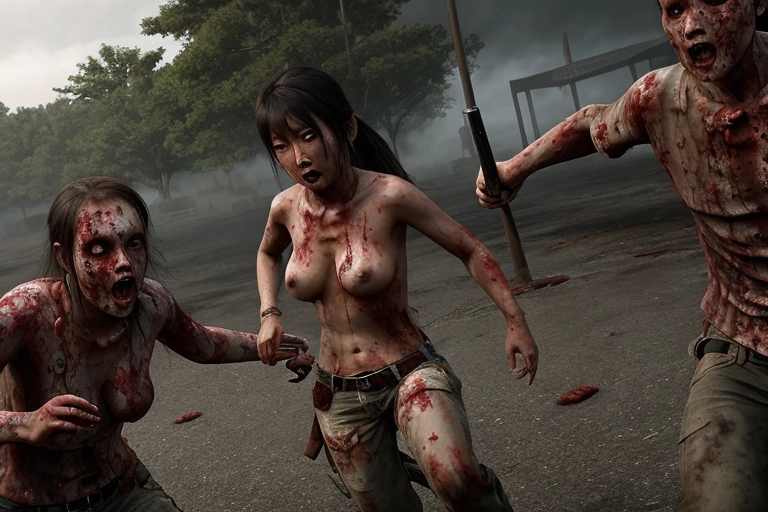 asian woman, running, zombie outbreak, scared, chased by zombies, ((realistic)), High detail, torn clothing, nude, lingeie, ((sex with zombies)), rough, abused woman, they caught her